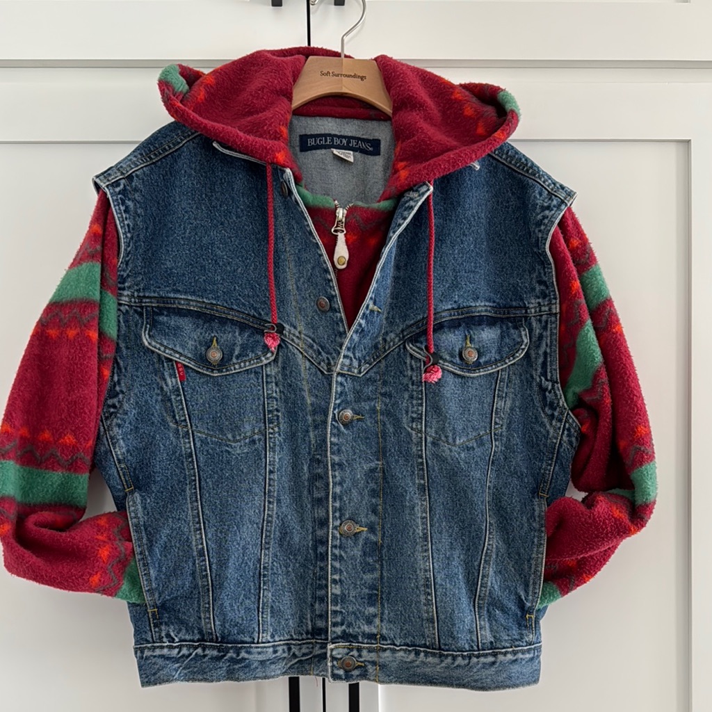 Vintage 90s Bugle Boy Jeans Denim Jean Jacket Hoodie Fleece Aztec Print L